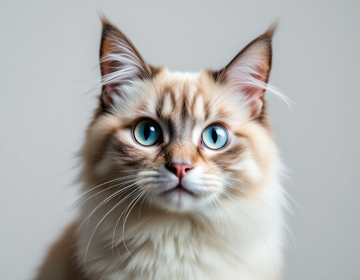 Close-up portrait of cat on a white background, with its alert expression and intricate details of its fur and whiskers in sharp focus.